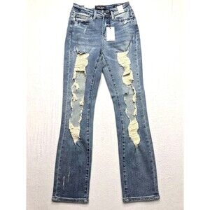 NWT JUDY BLUE Hi Straight Jeans Women 1/25 (26x31) Rip Distress Light Wash Blue
